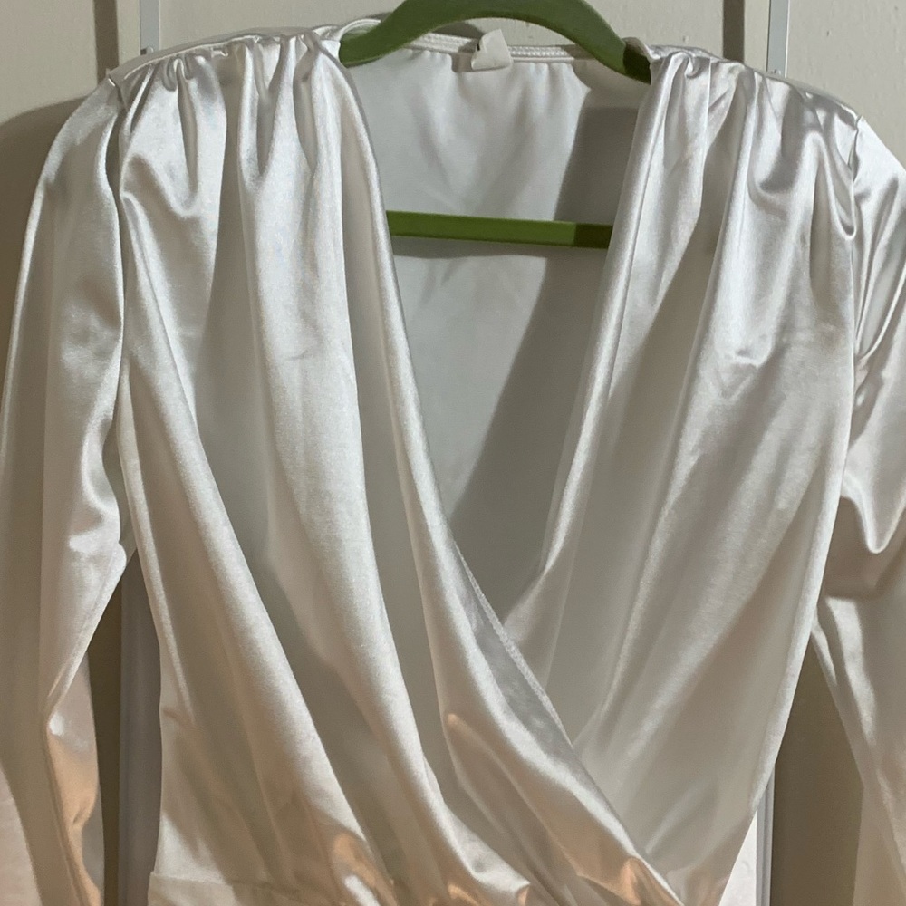 Deep V silk white bodysuit